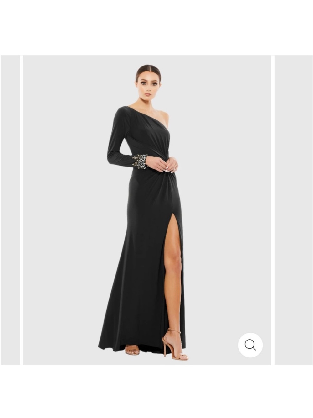 Mac Duggal one sleeve beaded cuff side twist knot gown dress